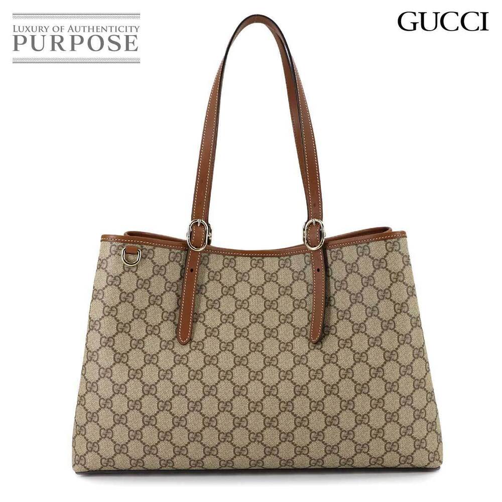 Gucci GG Emblem Tote Bag Leather Beige Brown